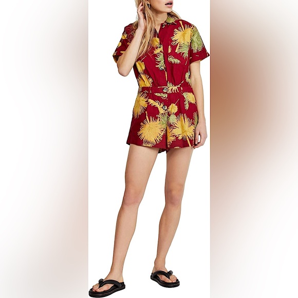 Free People Pants - Free People Red Tropical Print Short Sleeve Romper